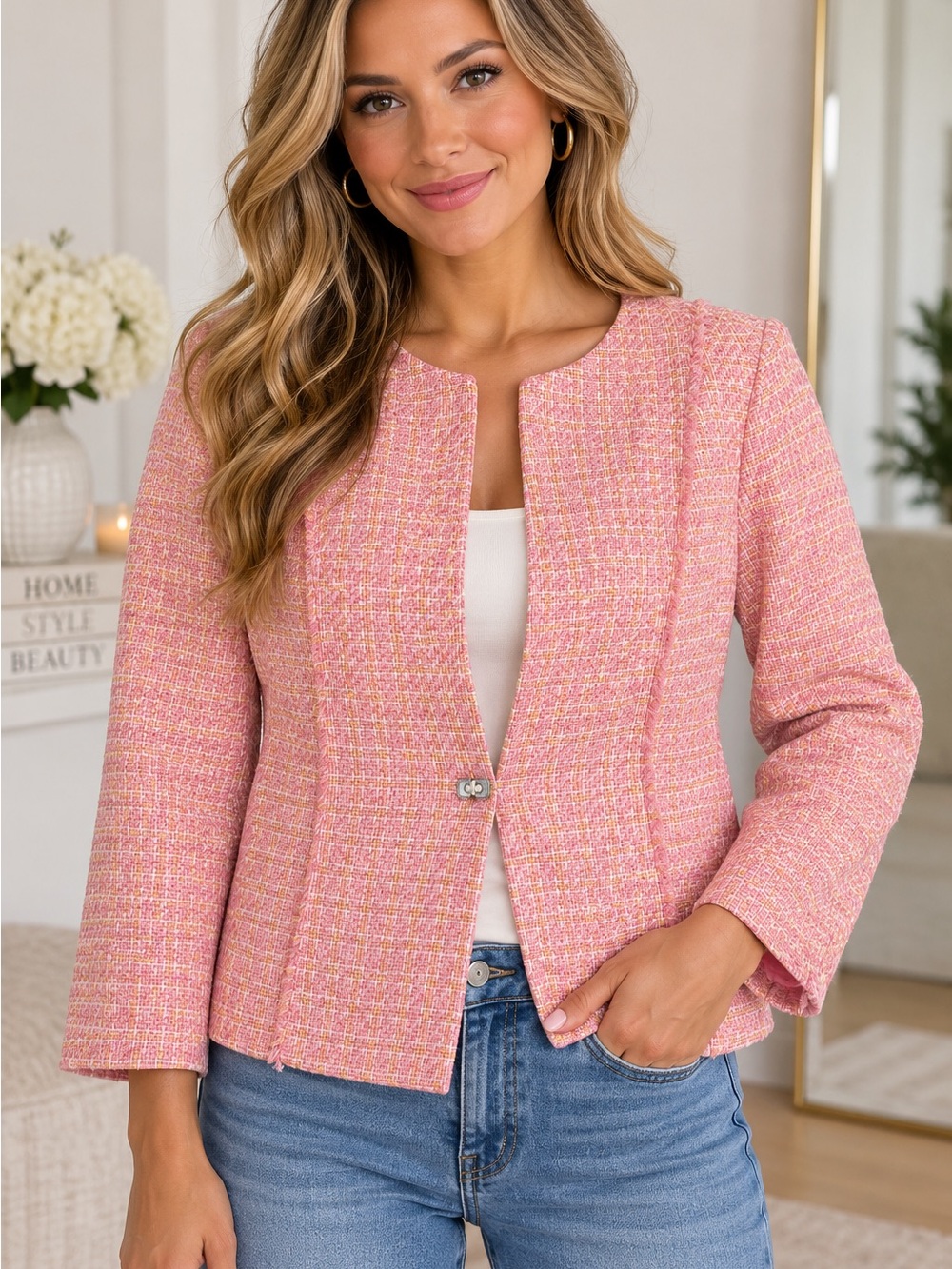 Sag Harbor Petite Pink Tweed Blazer, Size 6P